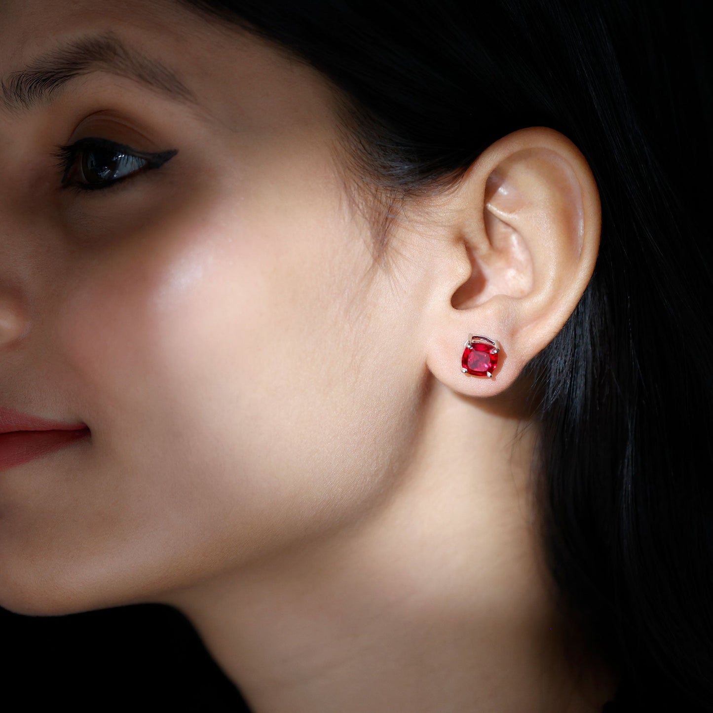 4 Carat Cushion Cut Created Ruby Solitaire Stud Earrings