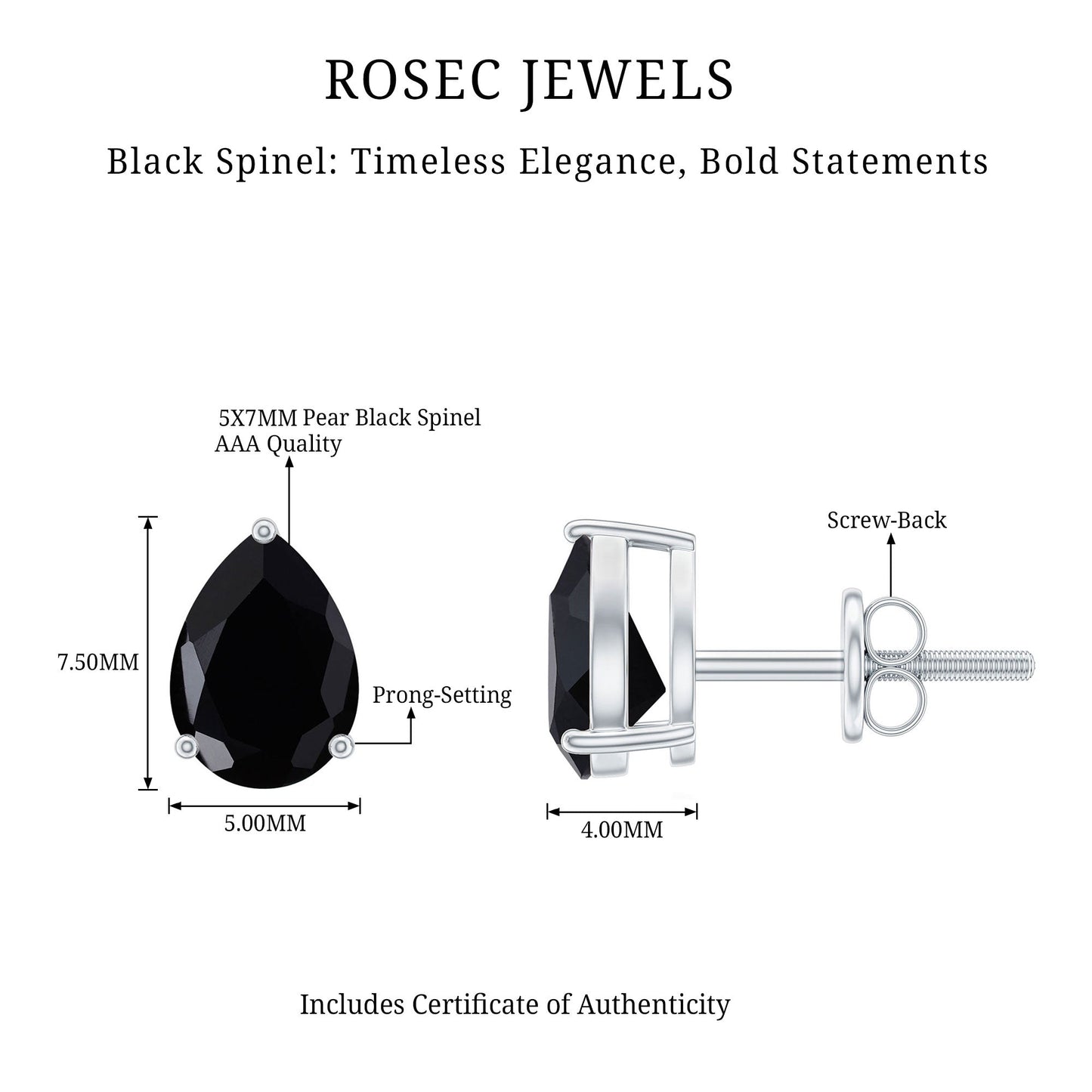 Certified Real Pear Shaped Black Spinel Earrings with Screw Back