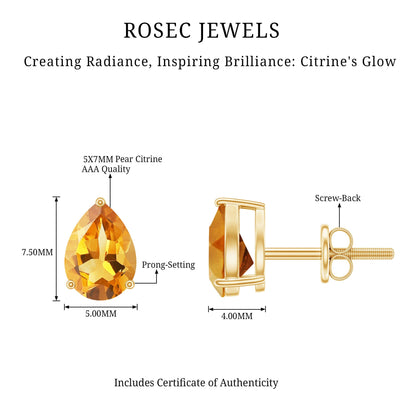 Natural Pear Shape Citrine November Birthstone Stud Earrings