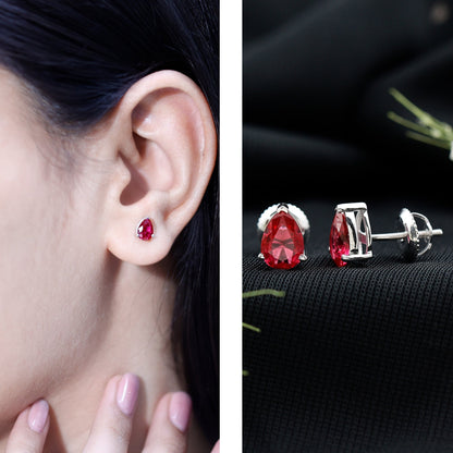 Solitaire 1.5 Carat Pear Shaped Lab Created Ruby Stud Earrings