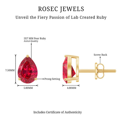 Solitaire 1.5 Carat Pear Shaped Lab Created Ruby Stud Earrings