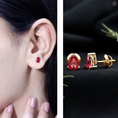 Solitaire 1.5 Carat Pear Shaped Lab Created Ruby Stud Earrings