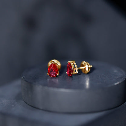 Solitaire 1.5 Carat Pear Shaped Lab Created Ruby Stud Earrings