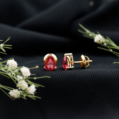 Solitaire 1.5 Carat Pear Shaped Lab Created Ruby Stud Earrings