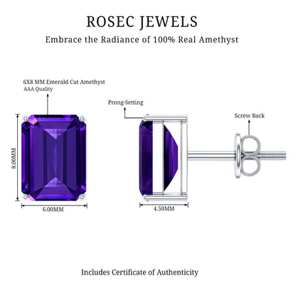 2.8 Carat Emerald Cut Amethyst Solitaire Stud Earrings