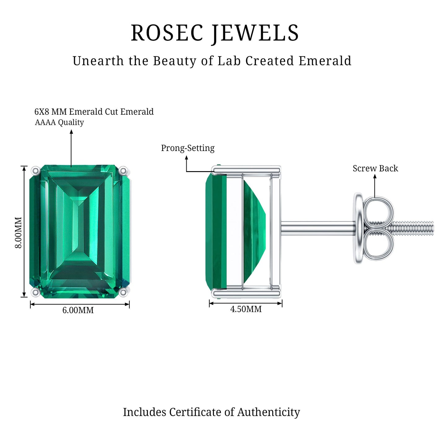 3.3 Carat Emerald Cut Lab Grown Emerald Solitaire Stud Earrings