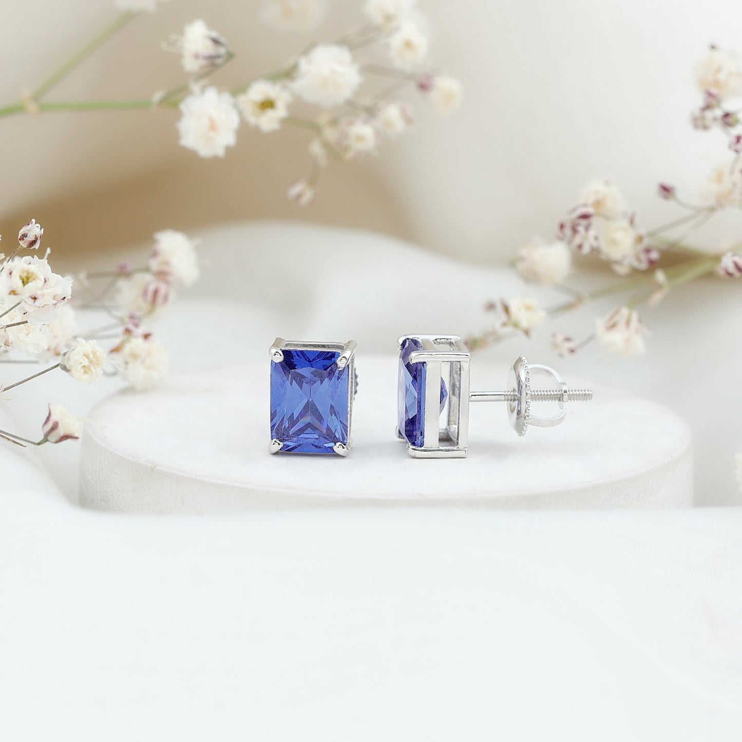 3.5 CT Emerald Cut Lab Created Blue Sapphire Big Stud Earrings