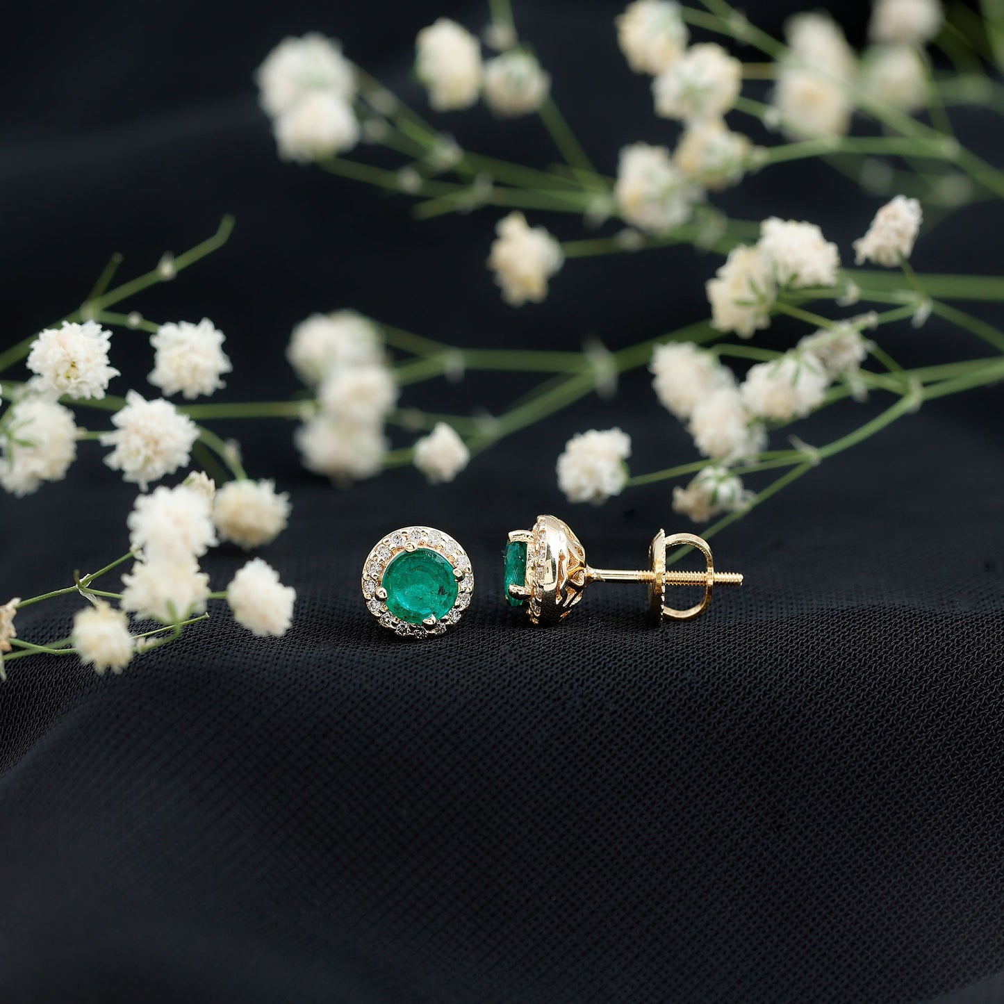Halo Stud Earrings with Emerald and Diamond