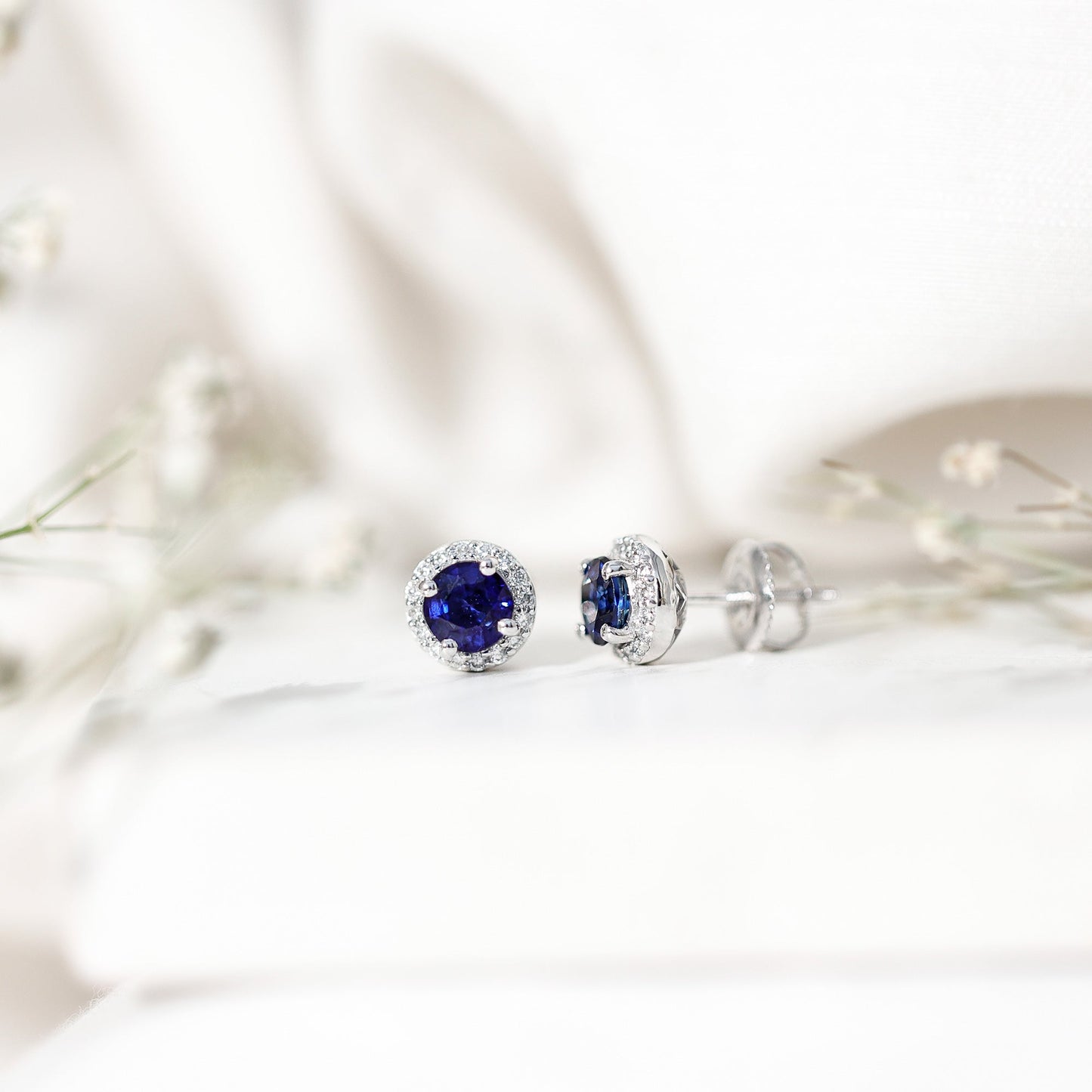 Real 1.9 Carat Blue Sapphire and Diamond Halo Stud Earrings