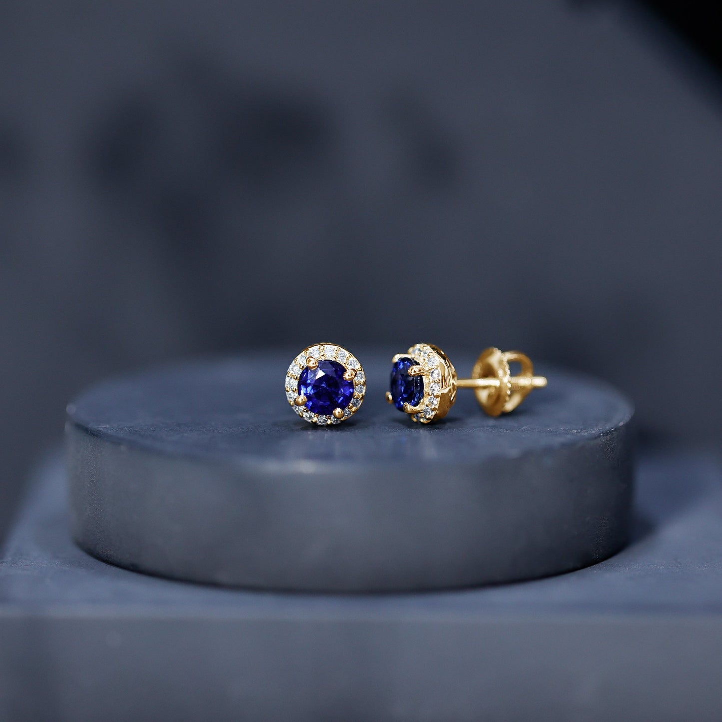 Real 1.9 Carat Blue Sapphire and Diamond Halo Stud Earrings