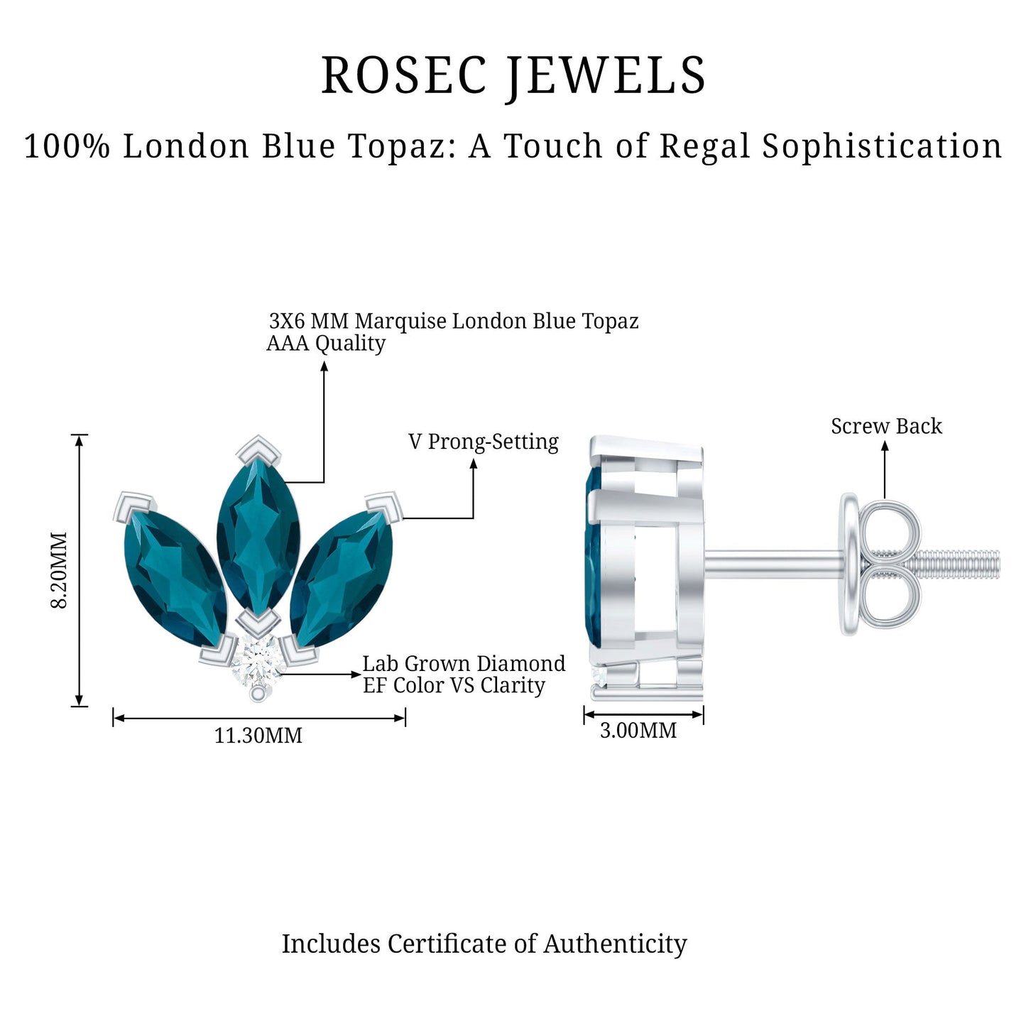 Floral Stud Earrings with London Blue Topaz and Diamond