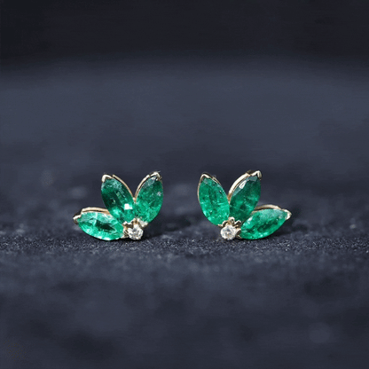 Genuine Emerald and Diamond Lotus Stud Earrings