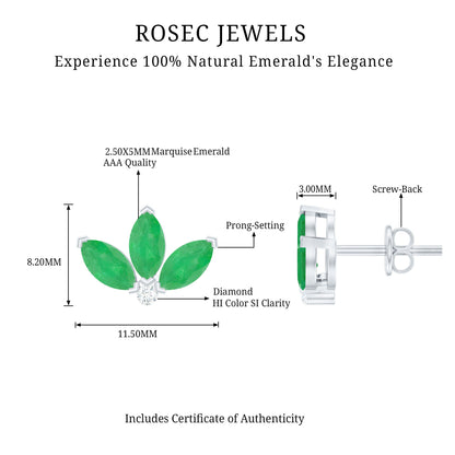 Genuine Emerald and Diamond Lotus Stud Earrings