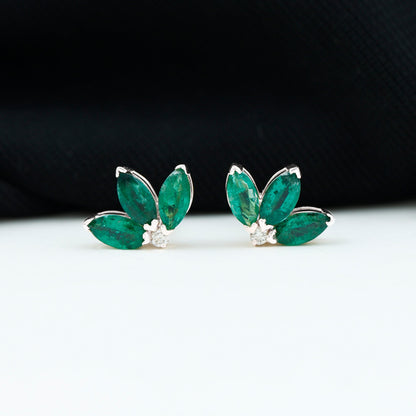 Genuine Emerald and Diamond Lotus Stud Earrings