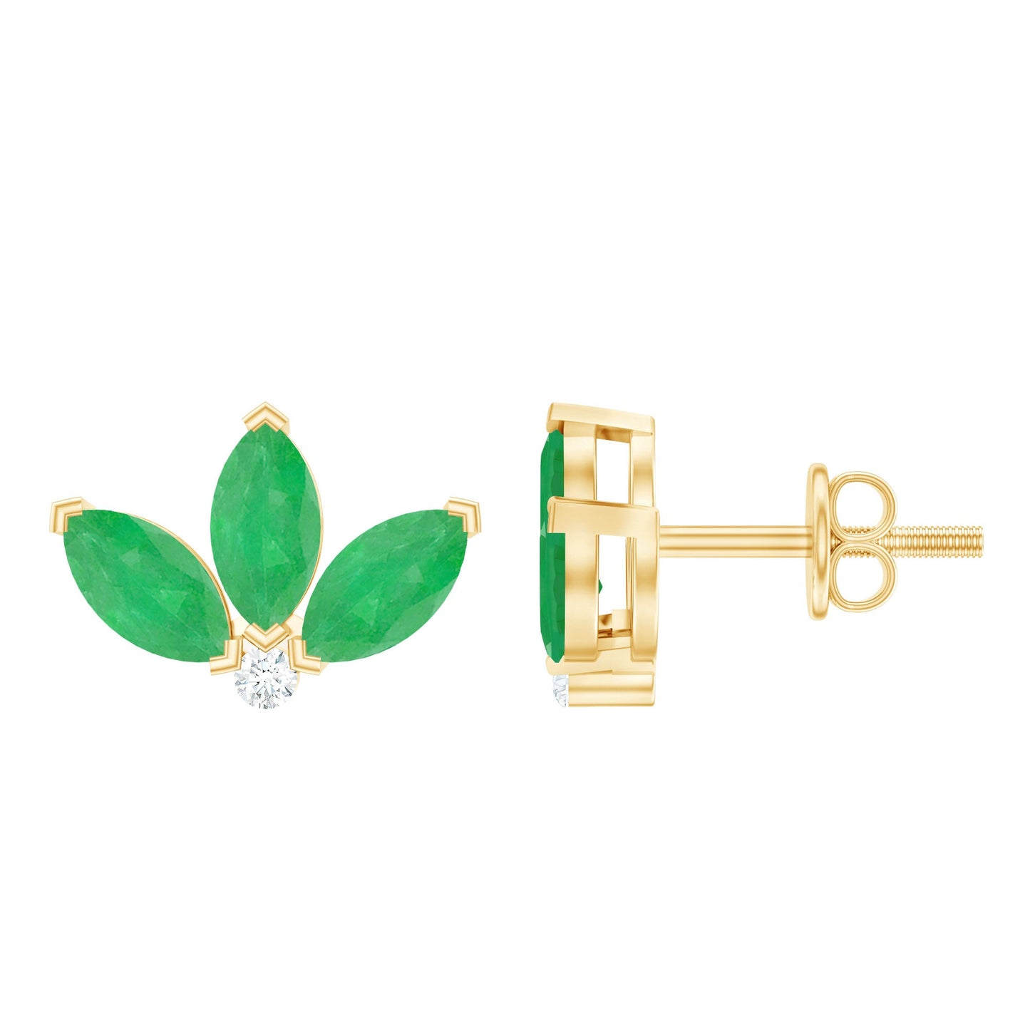 Genuine Emerald and Diamond Lotus Stud Earrings