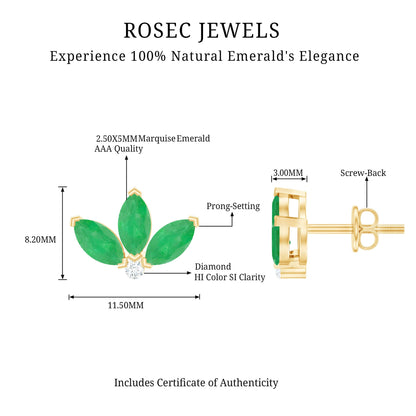 Genuine Emerald and Diamond Lotus Stud Earrings