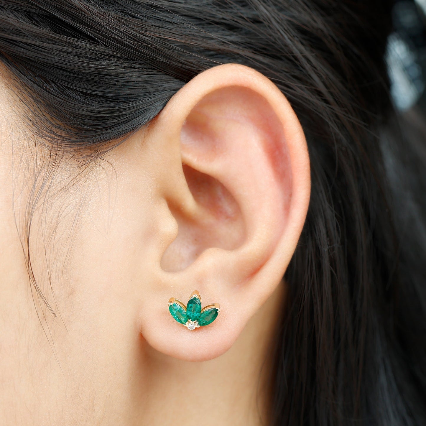 Genuine Emerald and Diamond Lotus Stud Earrings
