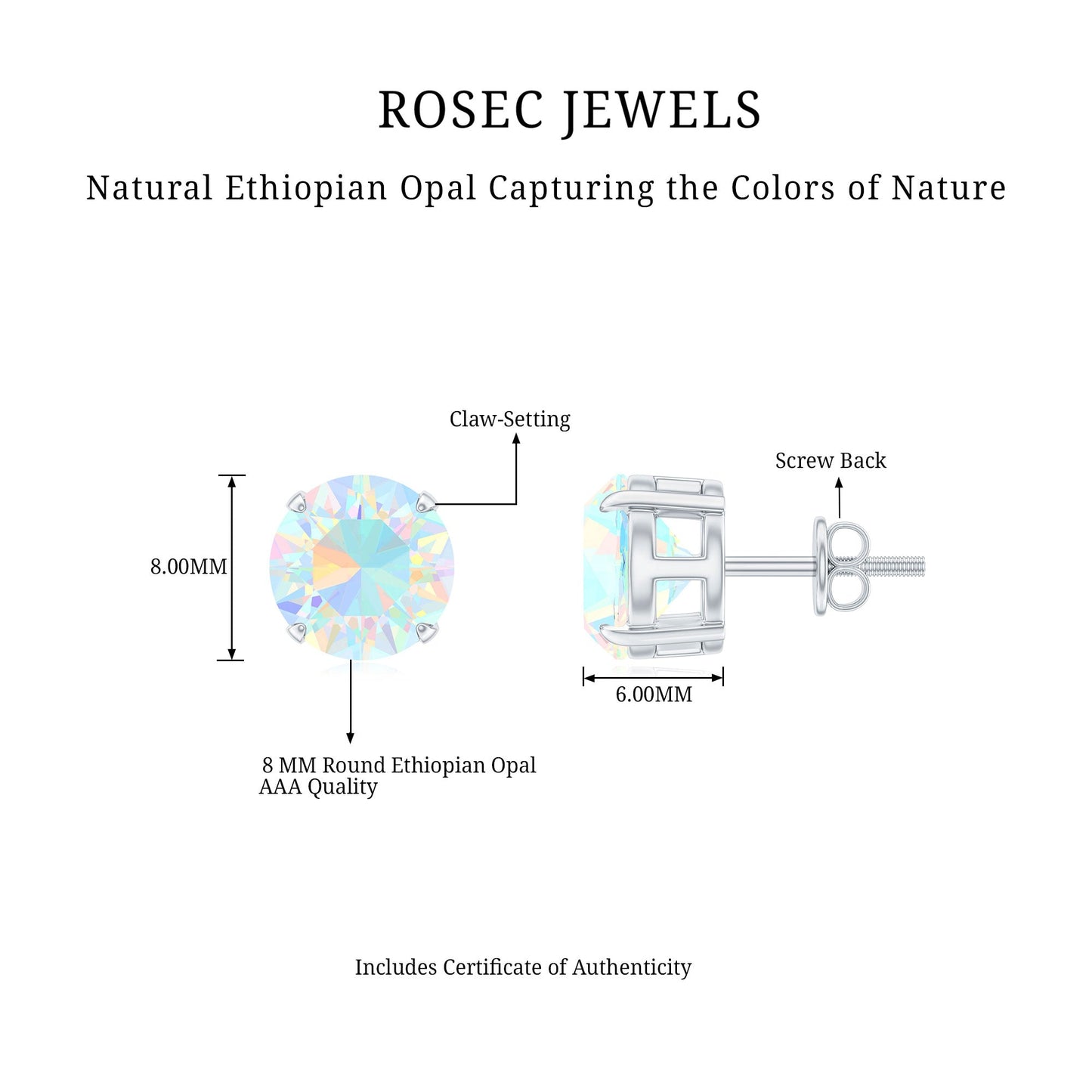 4 Carat Round Cut Ethiopian Opal Solitaire Stud Earrings for Women