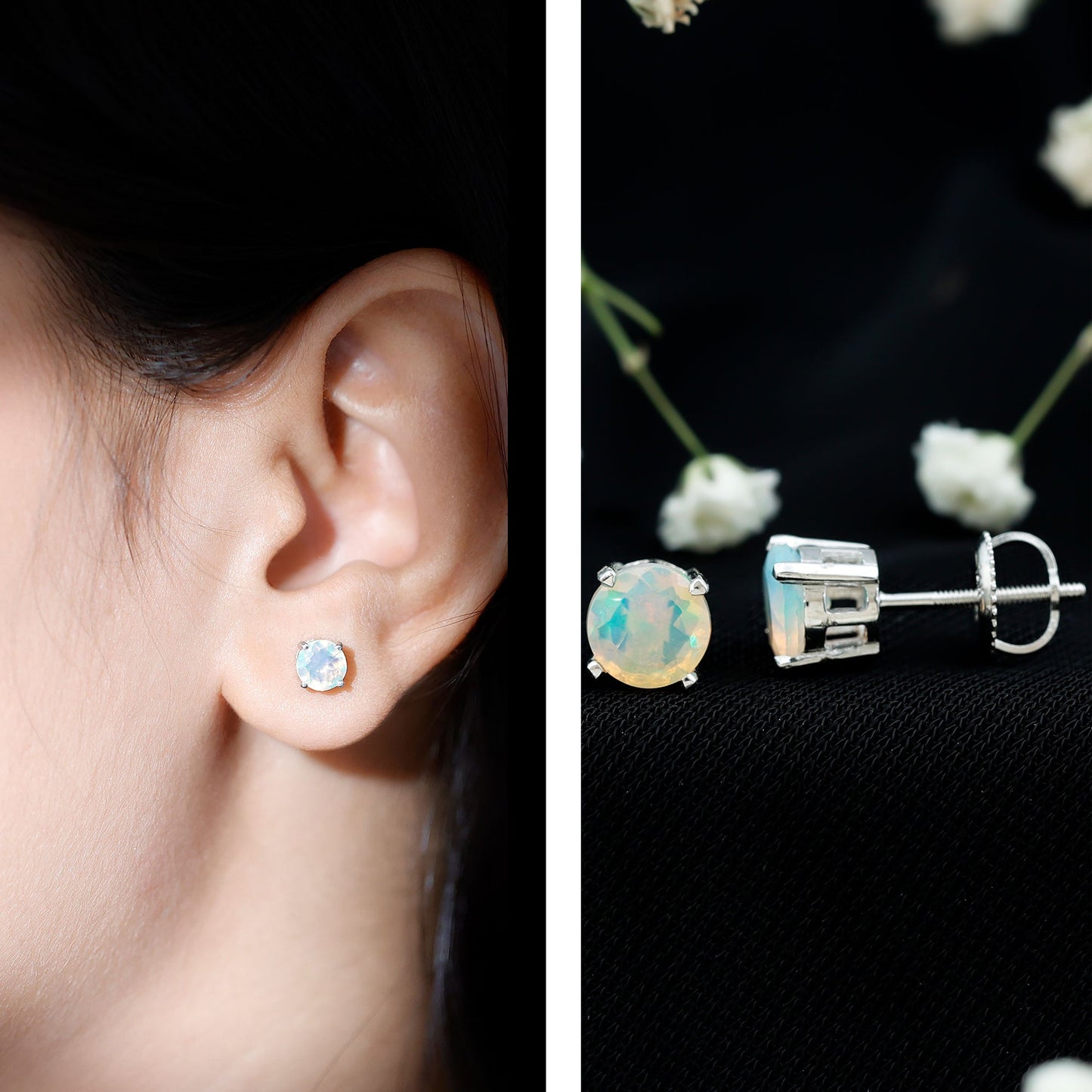 1.6 Carat Solitaire Ethiopian Opal Stud Earrings in Silver