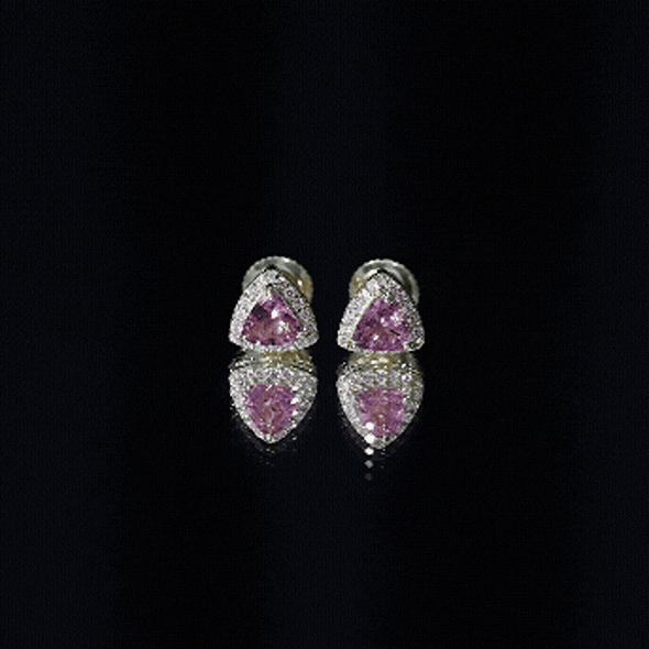 Real Trilliant Cut 1 Carat Pink Tourmaline Stud Earrings with Lab Diamond