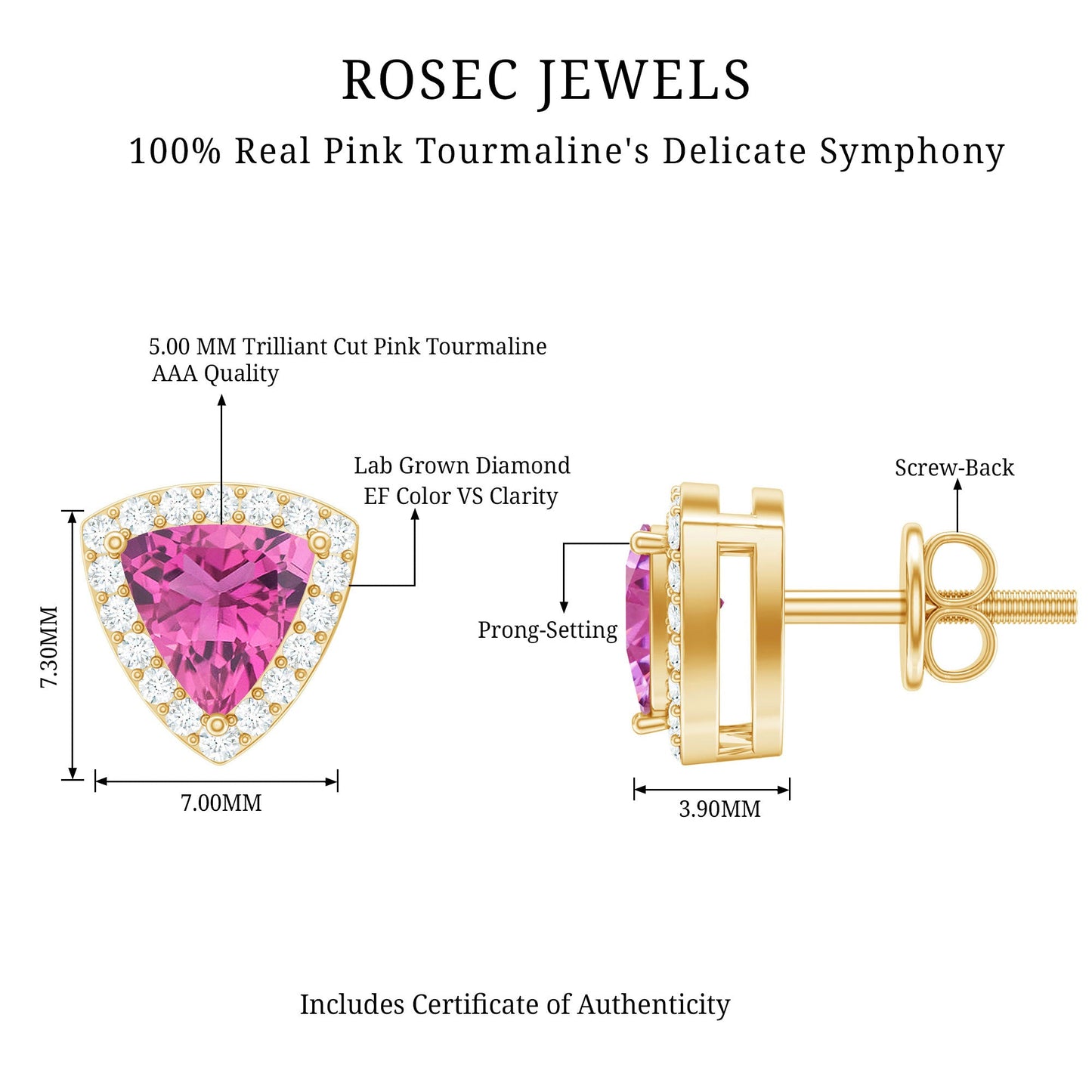 Real Trilliant Cut 1 Carat Pink Tourmaline Stud Earrings with Lab Diamond