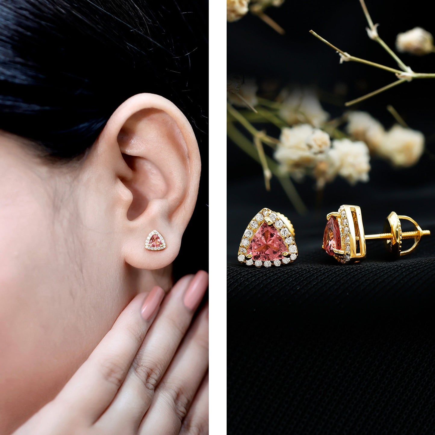 Real Trilliant Cut 1 Carat Pink Tourmaline Stud Earrings with Lab Diamond