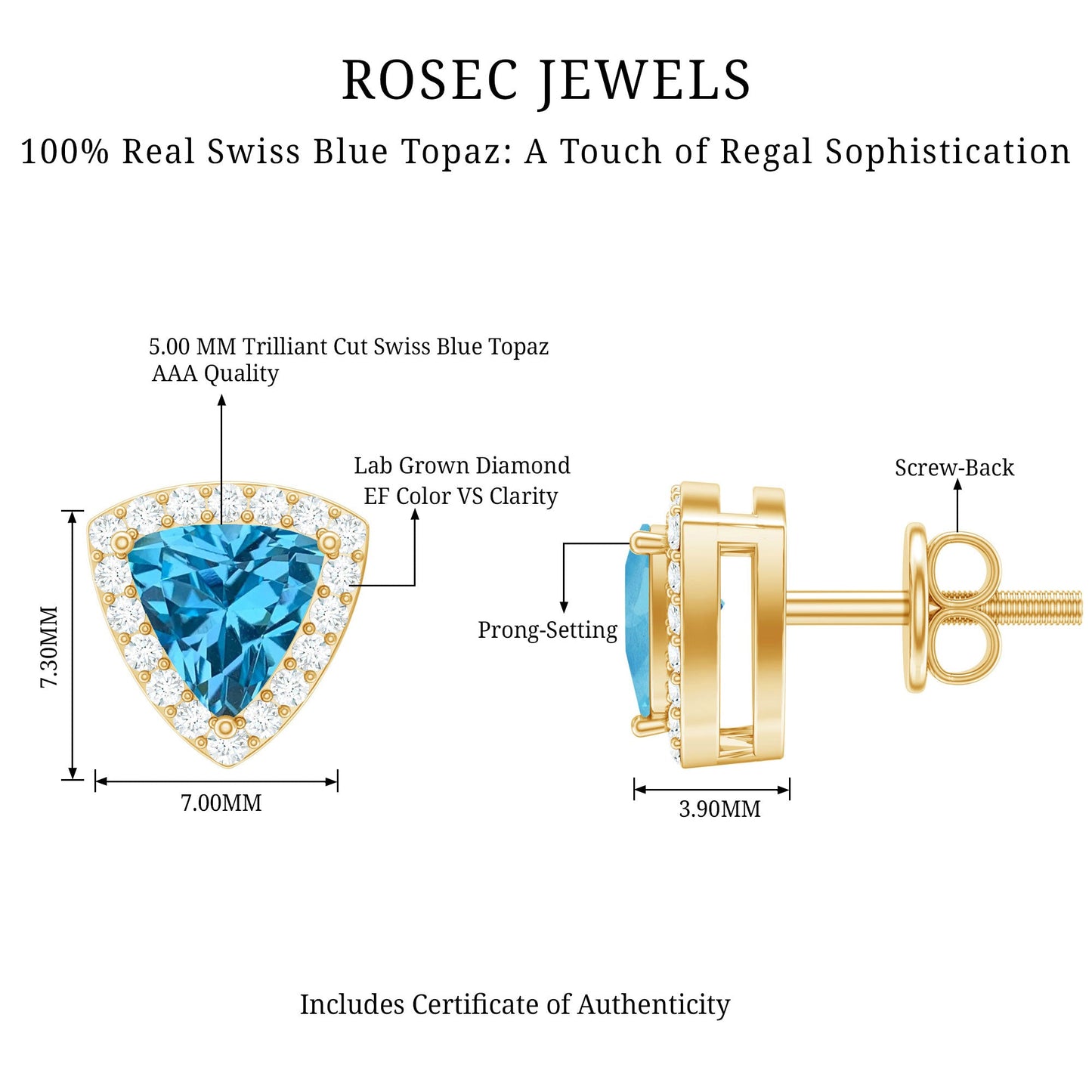 Natural Trilliant Cut Blue Topaz and Diamond Stud Earrings