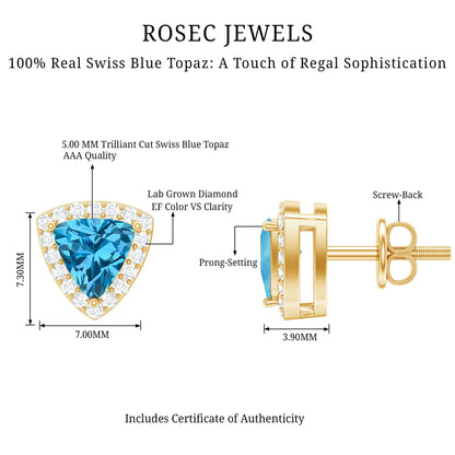 Natural Trilliant Cut Blue Topaz and Diamond Stud Earrings