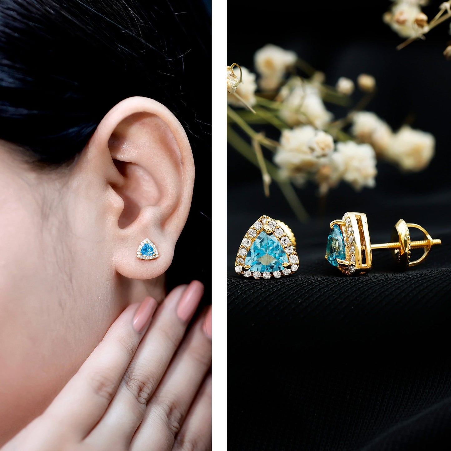 Natural Trilliant Cut Blue Topaz and Diamond Stud Earrings