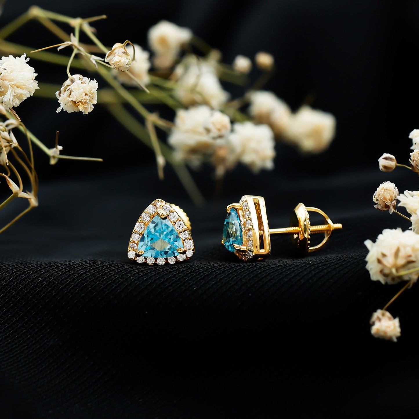 Natural Trilliant Cut Blue Topaz and Diamond Stud Earrings