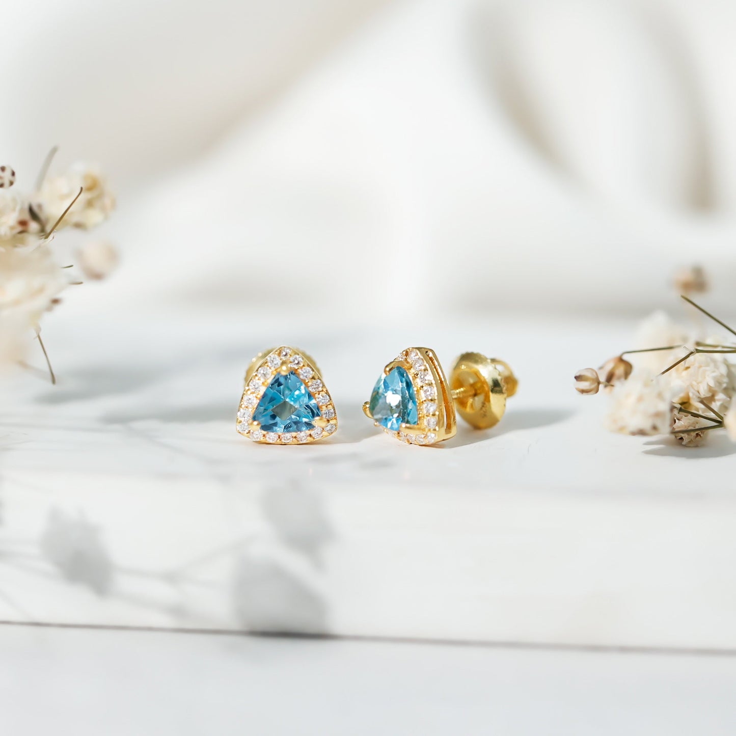 Natural Trilliant Cut Blue Topaz and Diamond Stud Earrings
