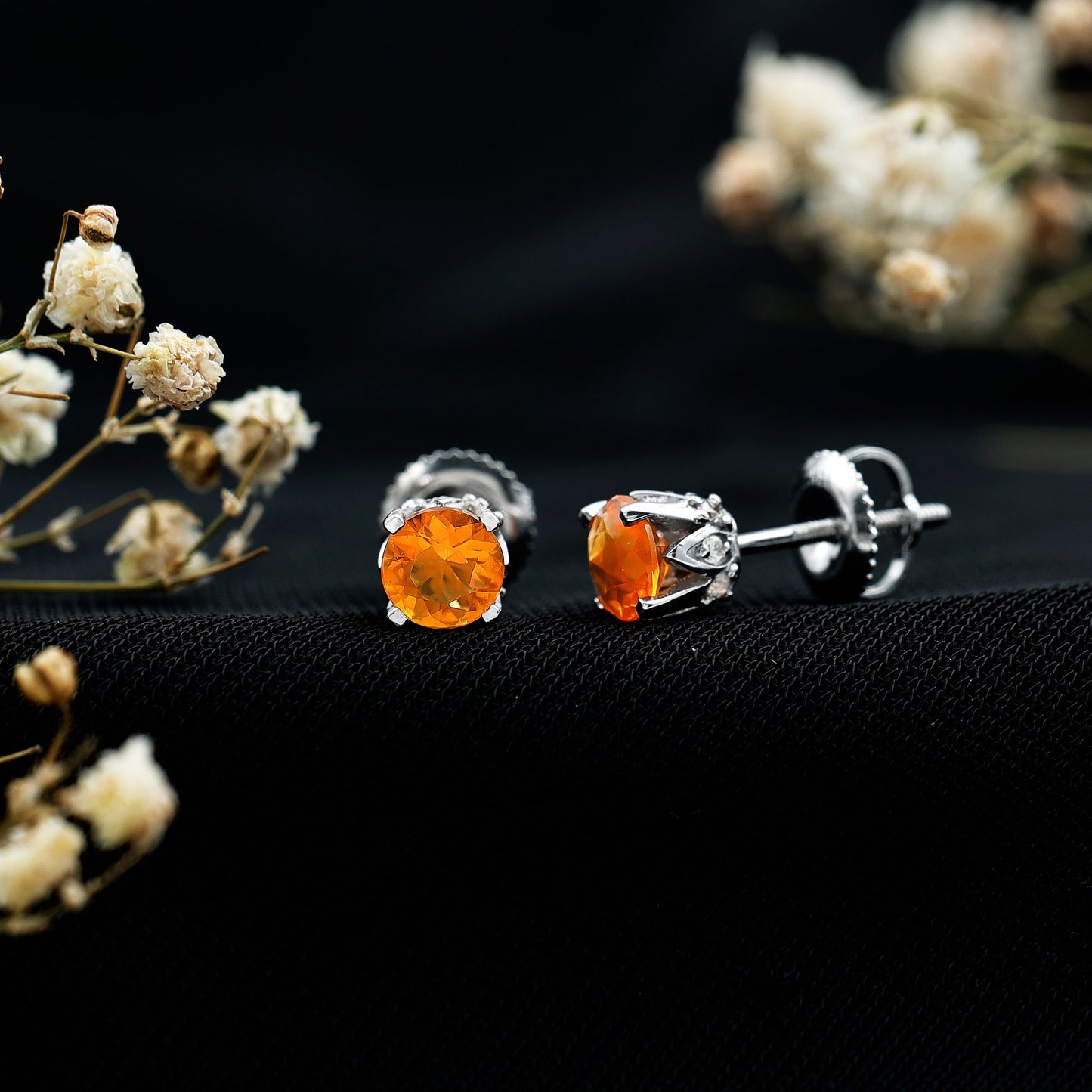 Solitaire Fire Opal Stud Earrings with Diamond Accent