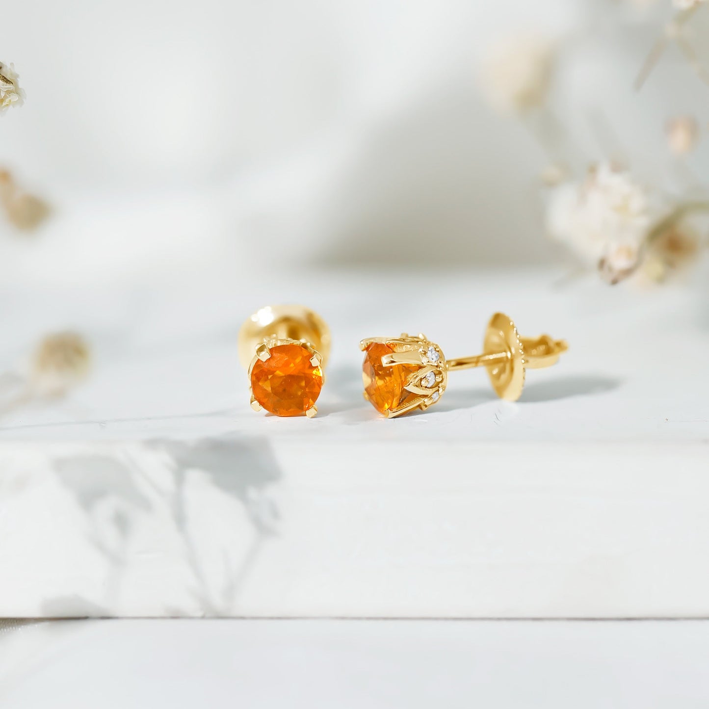 Solitaire Fire Opal Stud Earrings with Diamond Accent