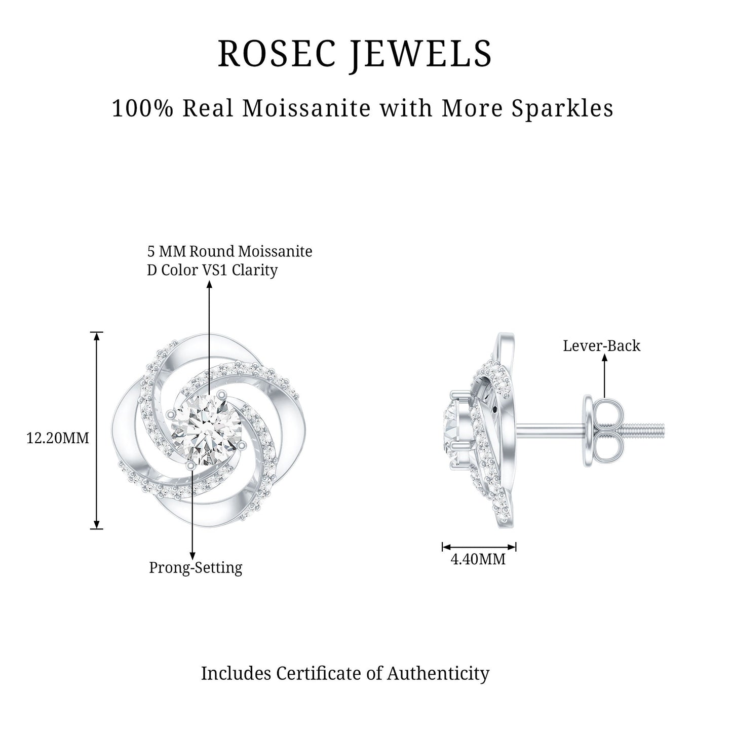 1 CT Round Shape Moissanite Swirl Stud Earrings