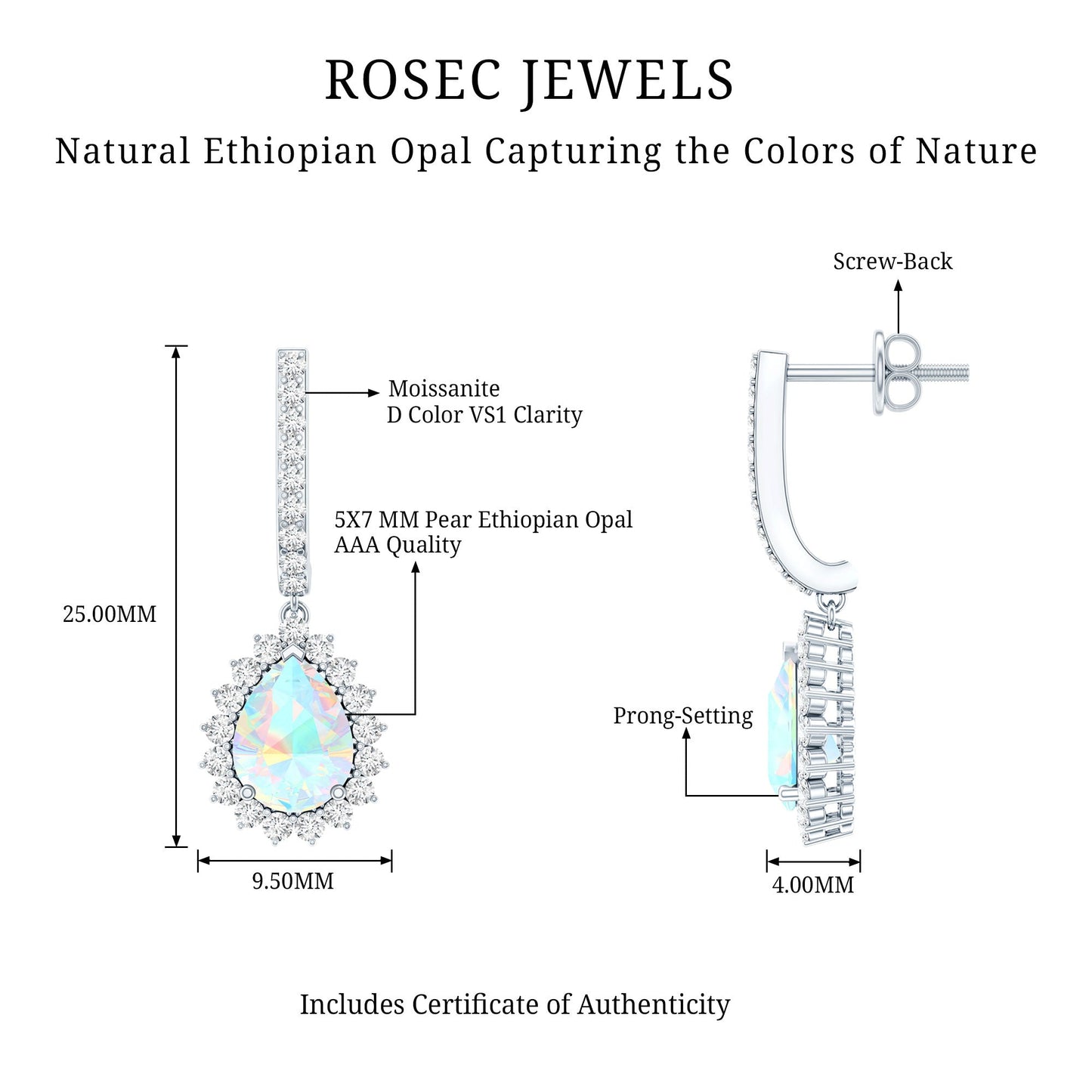 Natural Ethiopian Opal Teardrop Bridal Earrings with Moissanite Accent