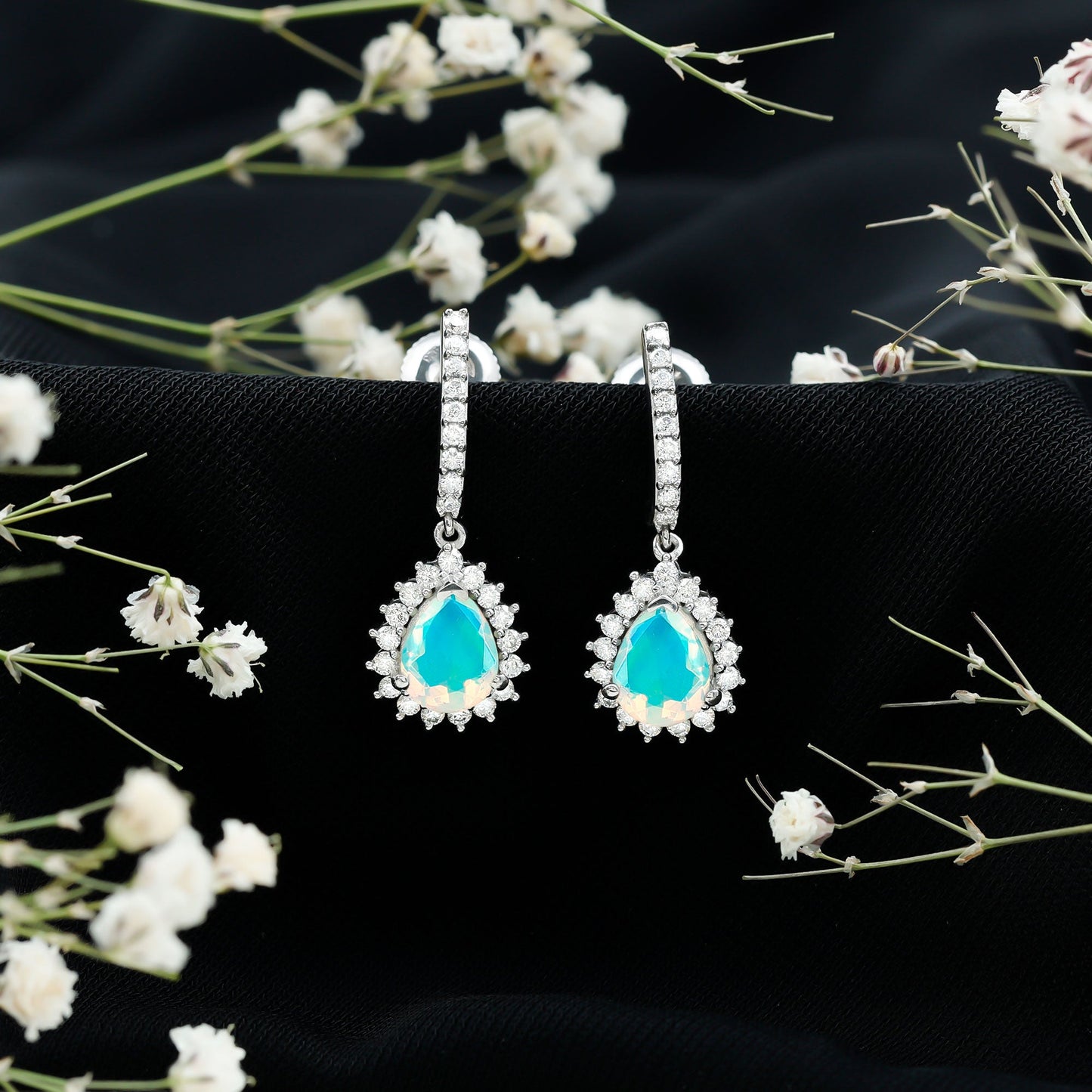 Natural Ethiopian Opal Teardrop Bridal Earrings with Moissanite Accent