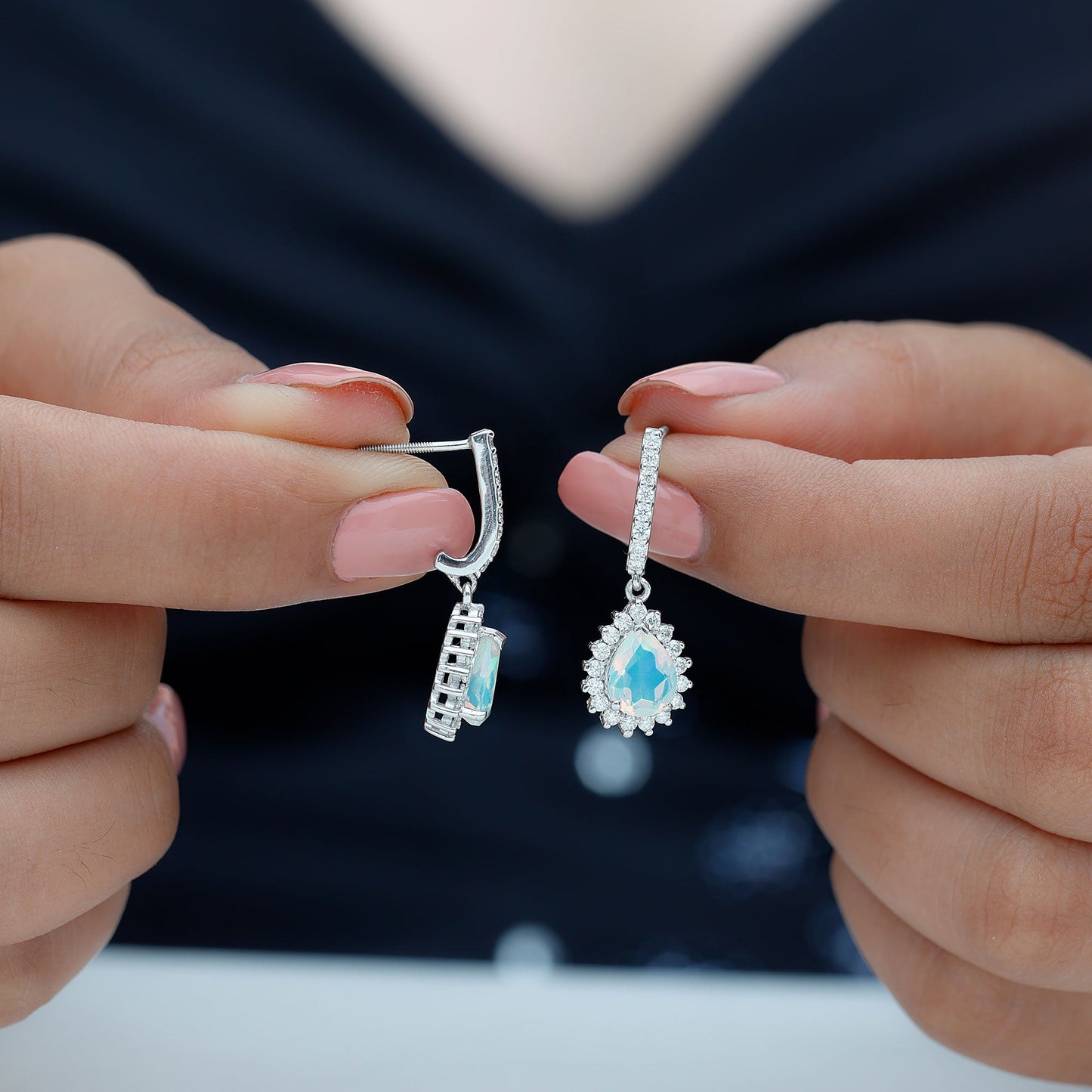 Natural Ethiopian Opal Teardrop Bridal Earrings with Moissanite Accent