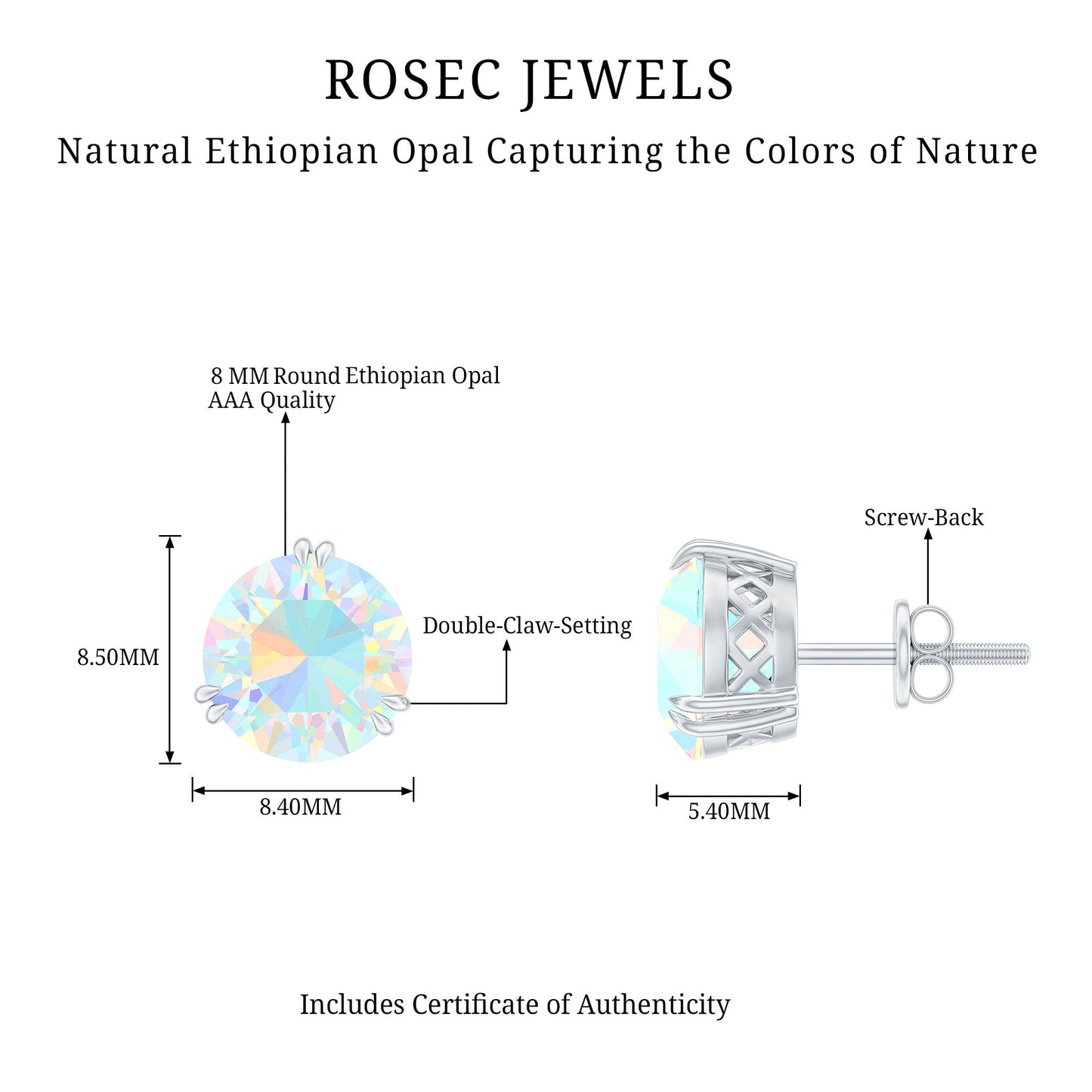 4 Carat Ethiopian Opal Solitaire Stud Earrings in Double Prong Setting