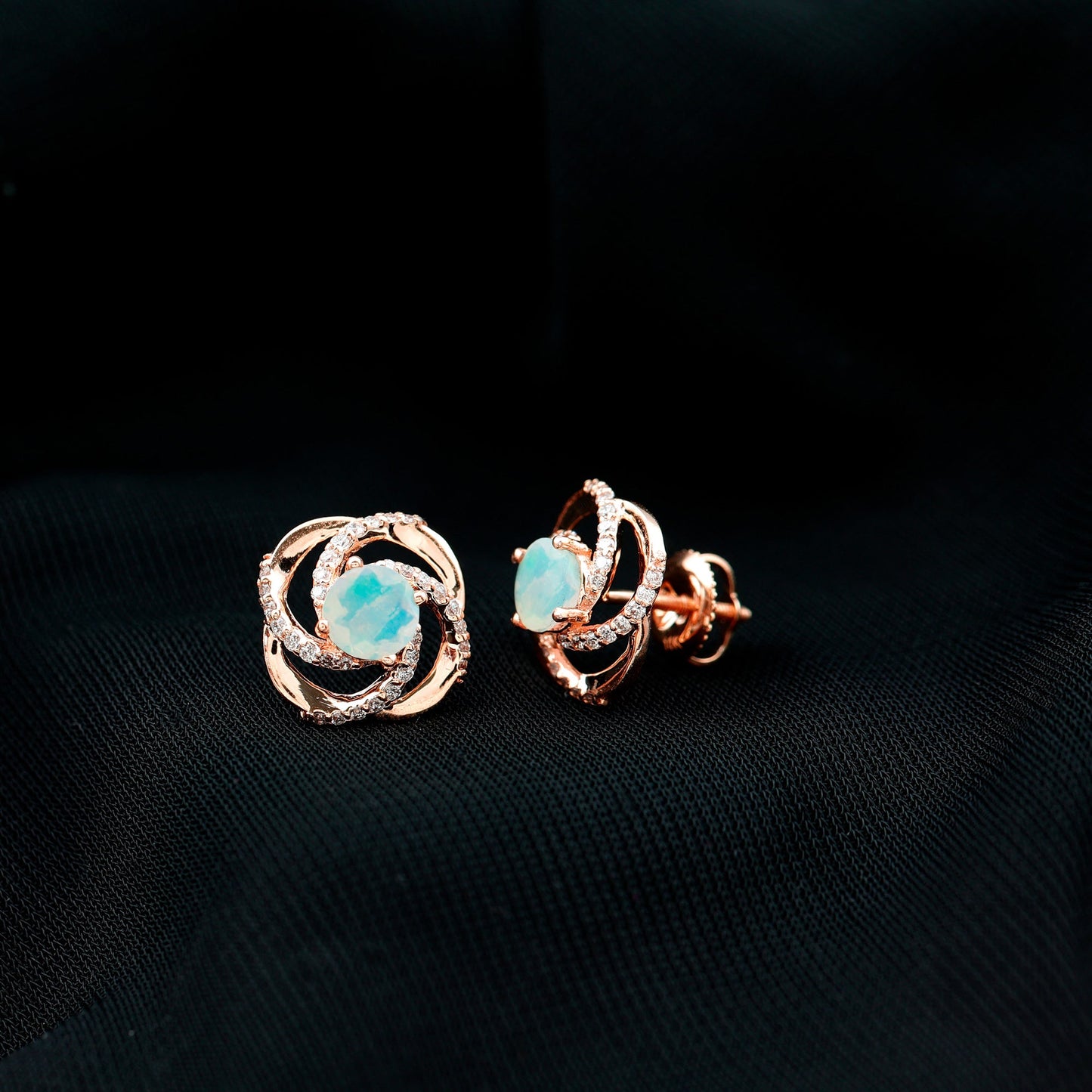 Genuine Ethiopian Opal and Diamond Swirl Stud Earrings