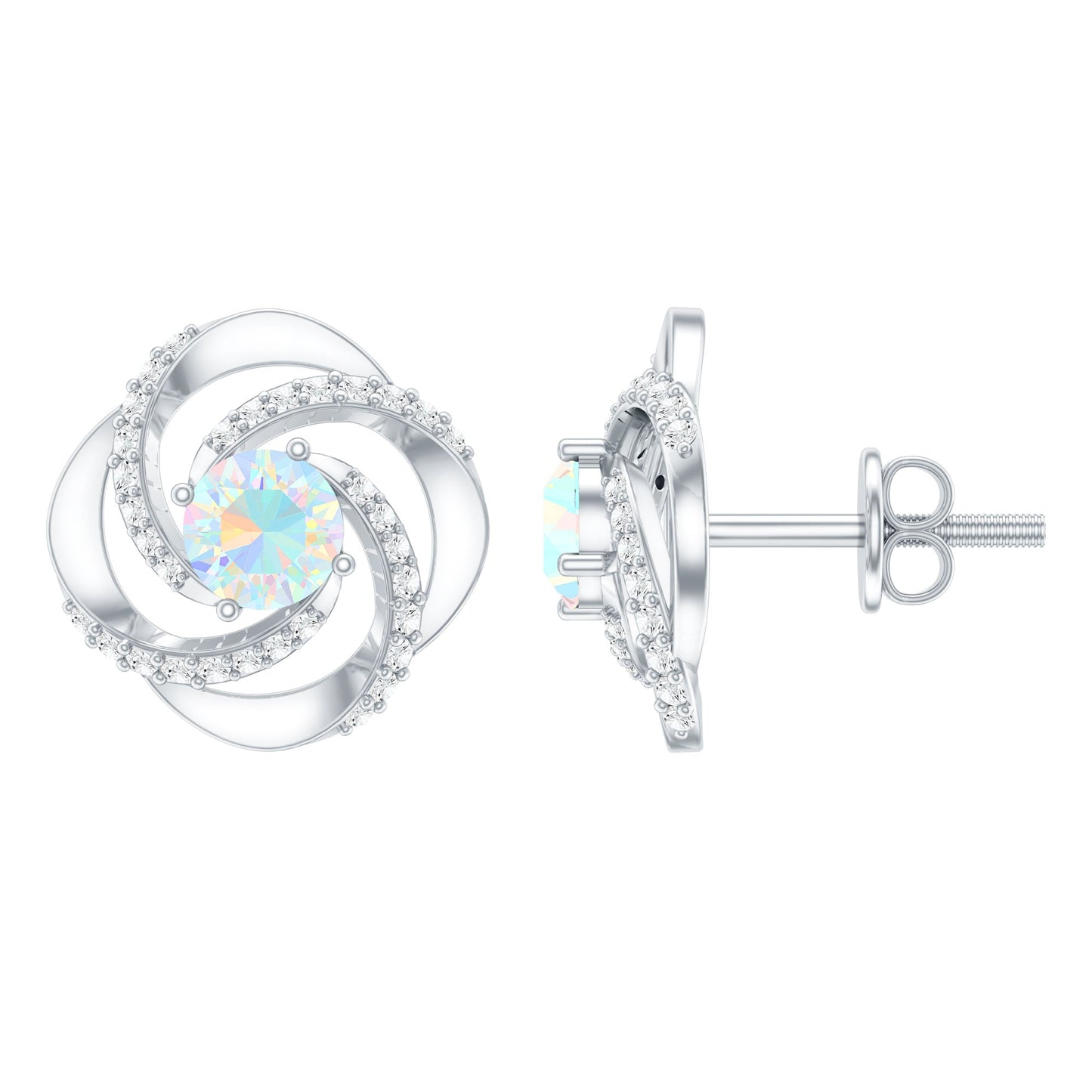 Genuine Ethiopian Opal and Diamond Swirl Stud Earrings