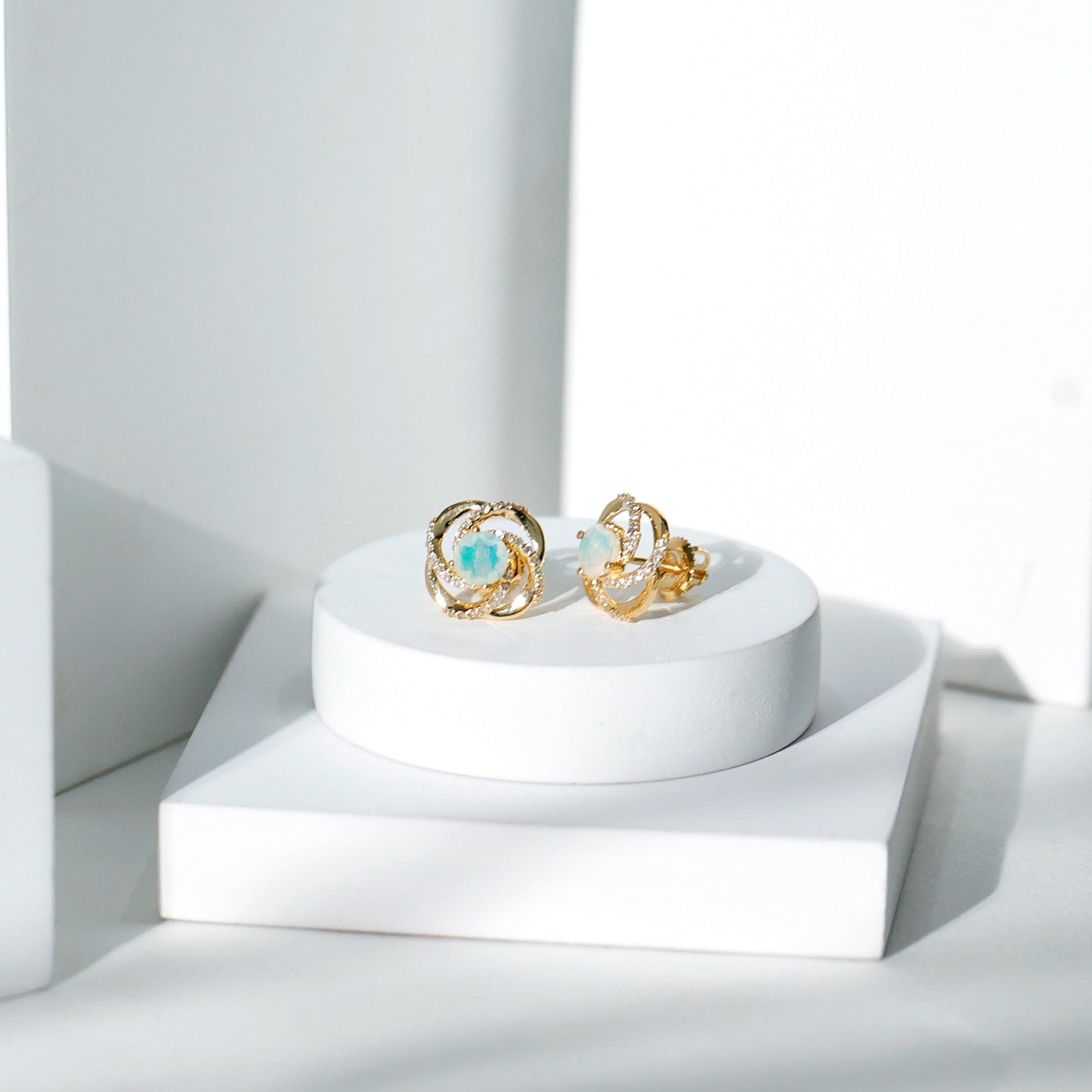 Genuine Ethiopian Opal and Diamond Swirl Stud Earrings