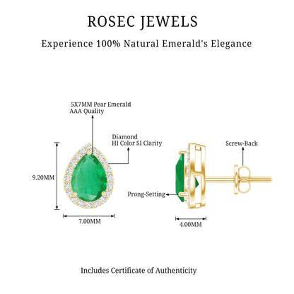 Natural 1.3 Carat Pear Shape Emerald Stud Earrings with Diamond Halo