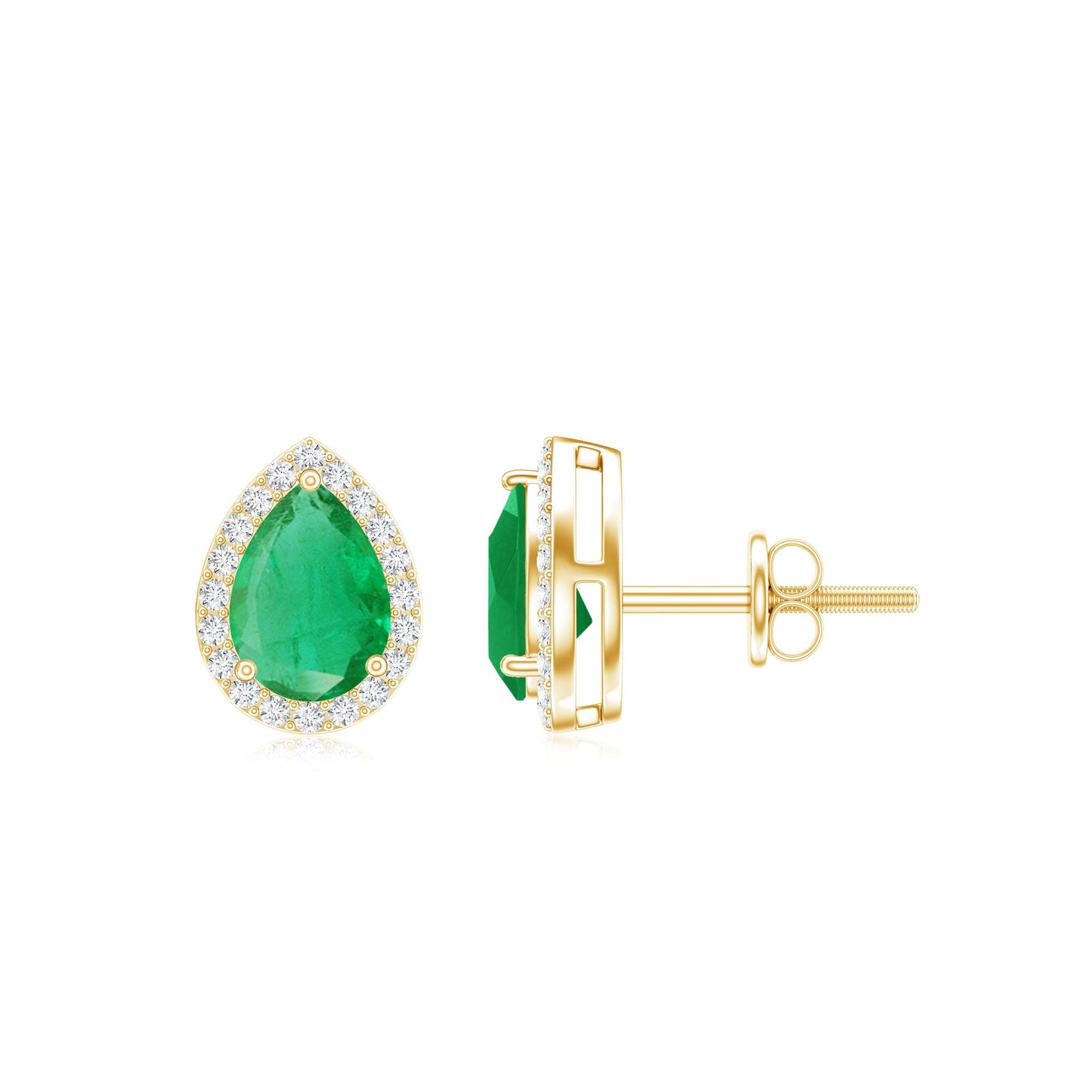 Natural 1.3 Carat Pear Shape Emerald Stud Earrings with Diamond Halo