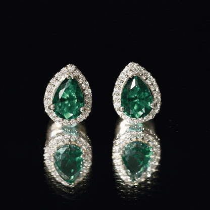Lab Created Emerald Teardrop Stud Earrings with Diamond Halo