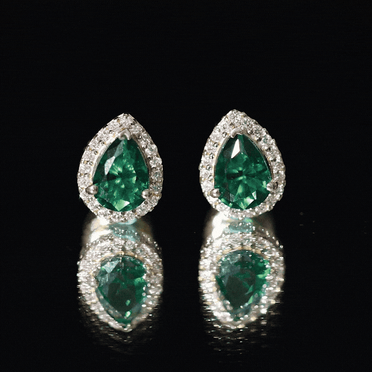 Lab Created Emerald Teardrop Stud Earrings with Diamond Halo