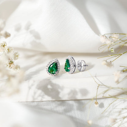 Lab Created Emerald Teardrop Stud Earrings with Diamond Halo