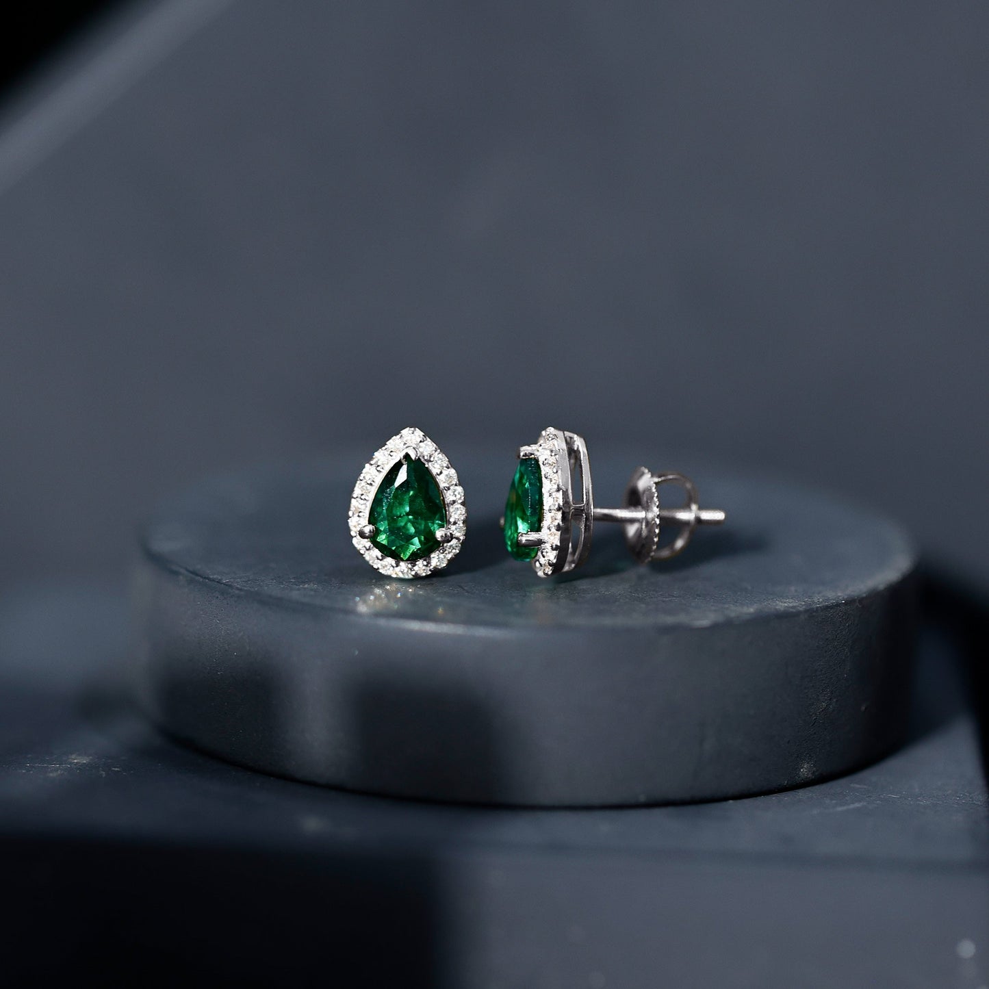 Lab Created Emerald Teardrop Stud Earrings with Diamond Halo