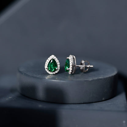 Lab Created Emerald Teardrop Stud Earrings with Diamond Halo