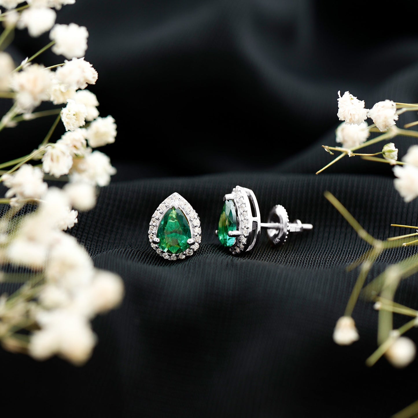 Lab Created Emerald Teardrop Stud Earrings with Diamond Halo