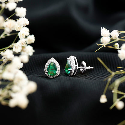 Lab Created Emerald Teardrop Stud Earrings with Diamond Halo